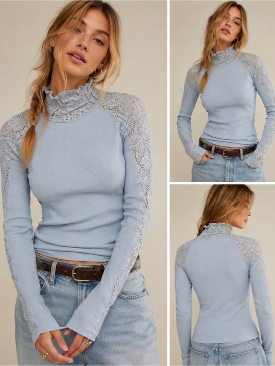 Free People Tops - Free People Blue Lace Mock Neck Ribbed Top NWT Size Small